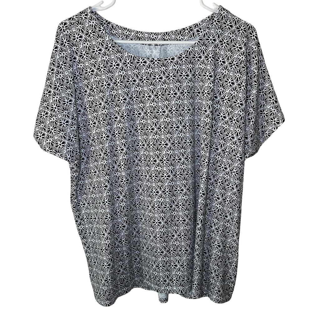 J Jill Luxe Supima Scoop Neck Tee Black White Geometric Patter Size L